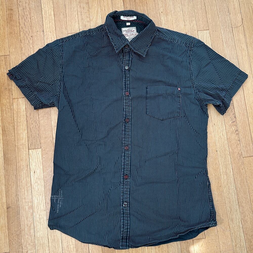 Mufti Jeans Short Sleeve Dress Shirt Mens L  Black Gray Cotton Striped